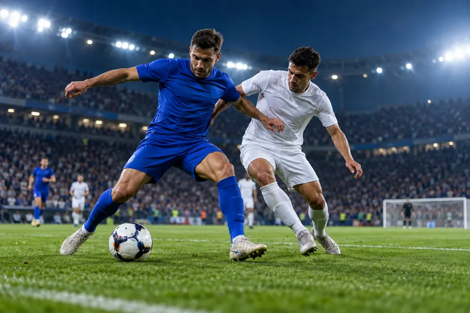 Deux joueurs de football sur un terrain éclairé en soirée